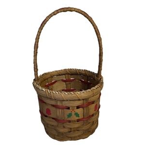 Christmas Jingle Bell Ringing Ornament Basket‎ Round W/handle Holly Red Stripe